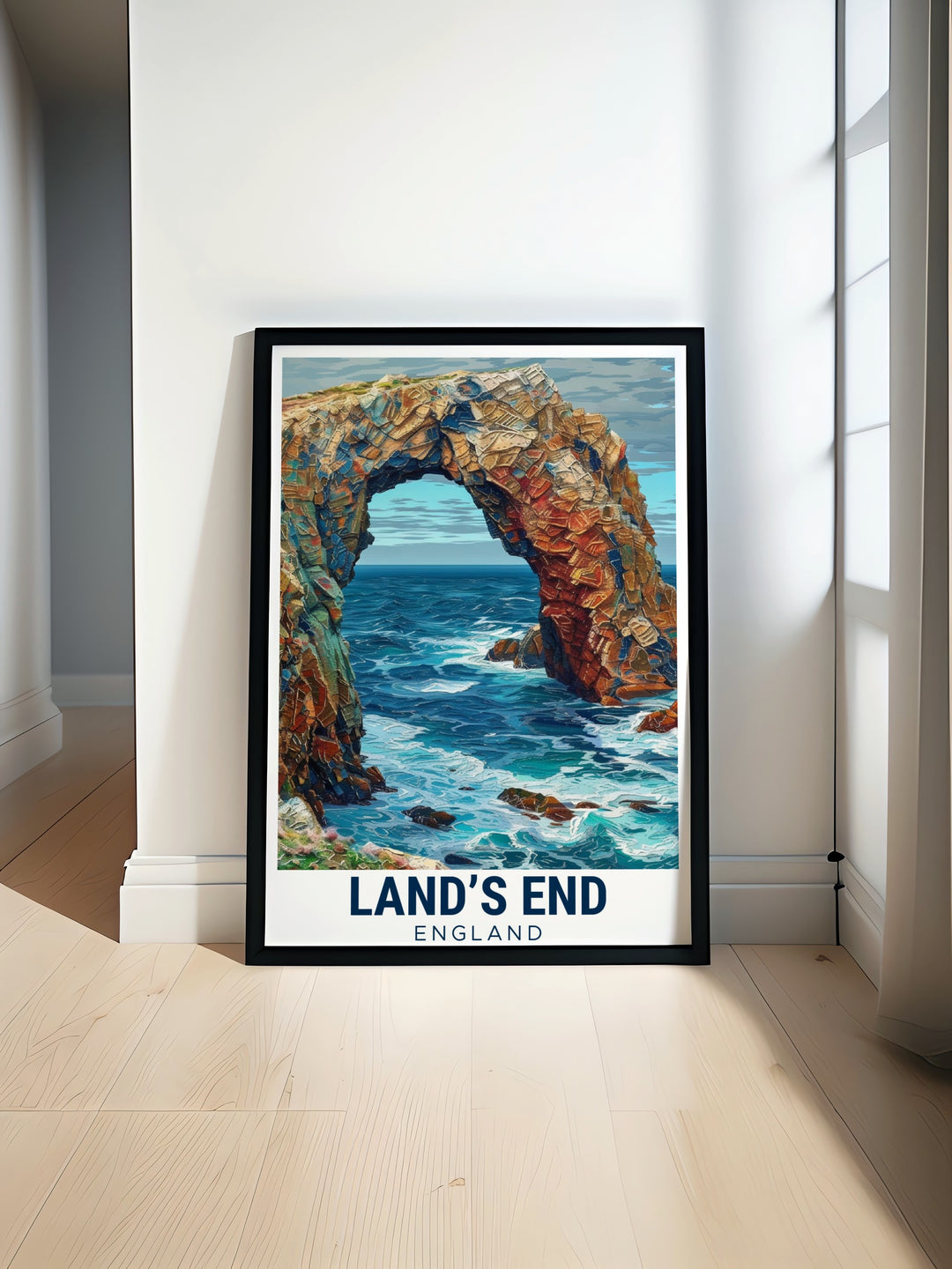 Lands End poster print features the stunning coastal cliffs of Cornwall along with Enys Dodnan Arch. A beautiful Cornwall print that brings coastal charm and elegance into your living space for a perfect decor piece or thoughtful gift for any occasion.