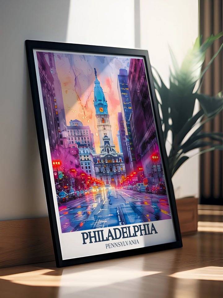 Vibrant Philadelphia poster featuring Independence National Historical Park Franklin Institute and City Hall ideal for adding a touch of history and elegance to your living space or office decor