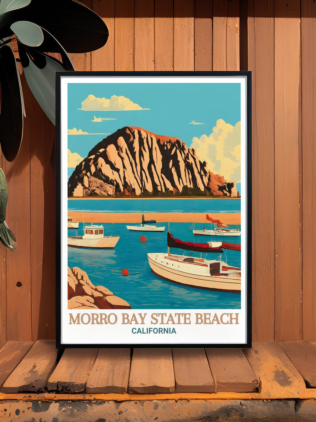 Our vibrant Morro Bay State Beach poster print features the stunning beachscape and iconic Morro Rock, paired with the lively Morro Bay Harbor. Perfect for coastal lovers, this artwork offers a colorful representation of Californias serene beauty.