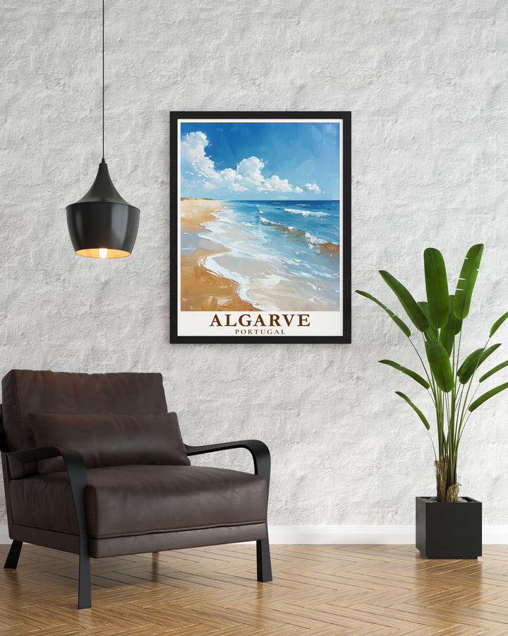 This Algarve Beach travel poster brings the stunning scenery of Portugals southern coast into your home, with detailed illustrations of its iconic landscapes, ideal for any decor.