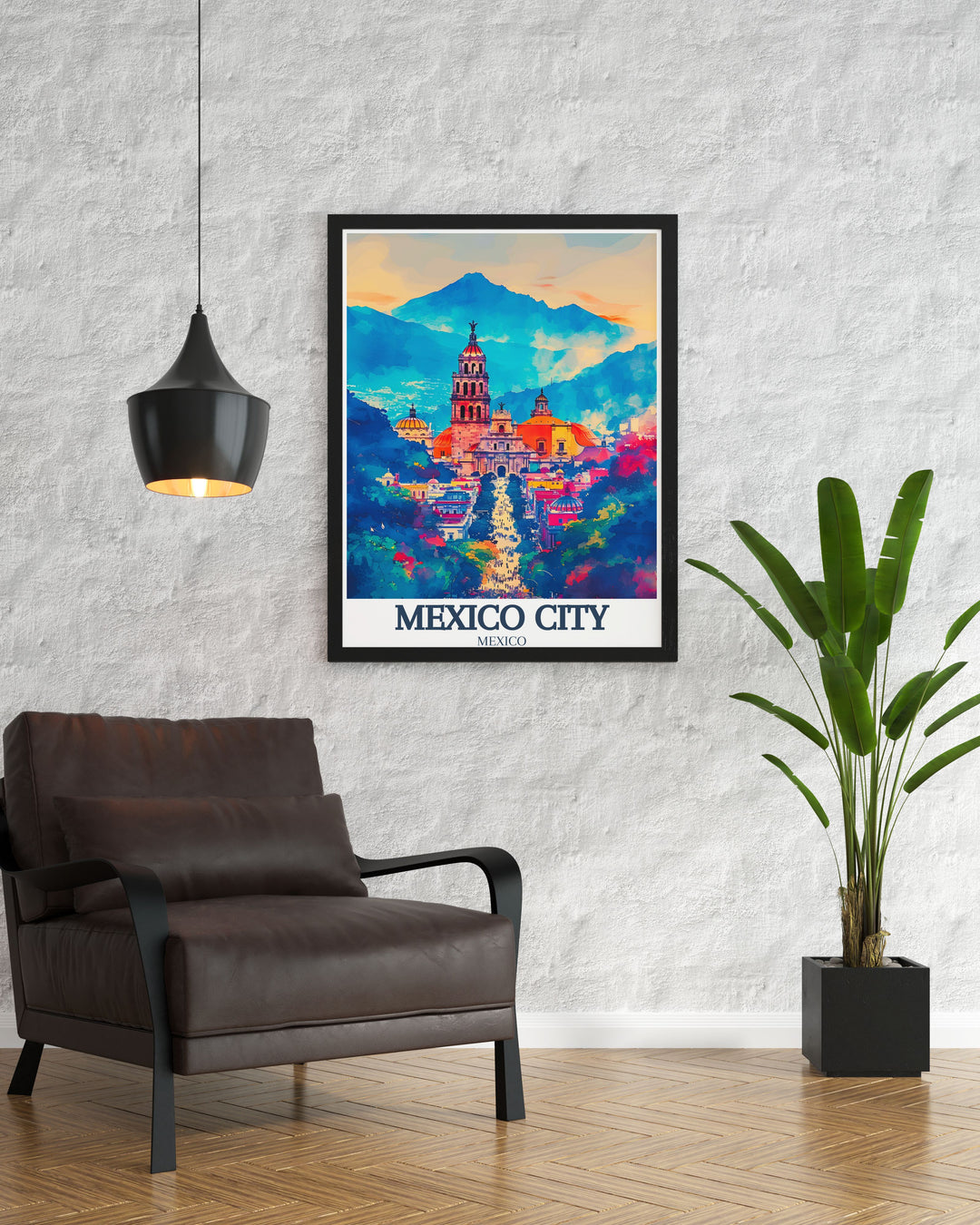 Metropolitan cathedral Zocalo Chapultepec castle artwork captures the essence of Mexico Citys iconic landmarks. This print is ideal for adding a touch of Mexican heritage and culture to your living space or office.