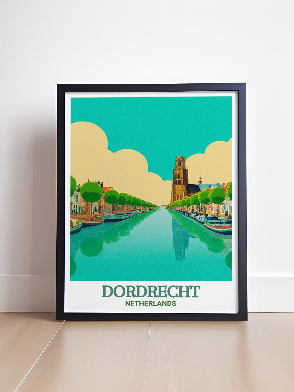 Netherlands travel poster featuring the Merwede Canal in Dordrecht, capturing the essence of Dutch serenity and history. This print is perfect for those who love European landscapes, offering a visual escape to the calm and beauty of the Netherlands.