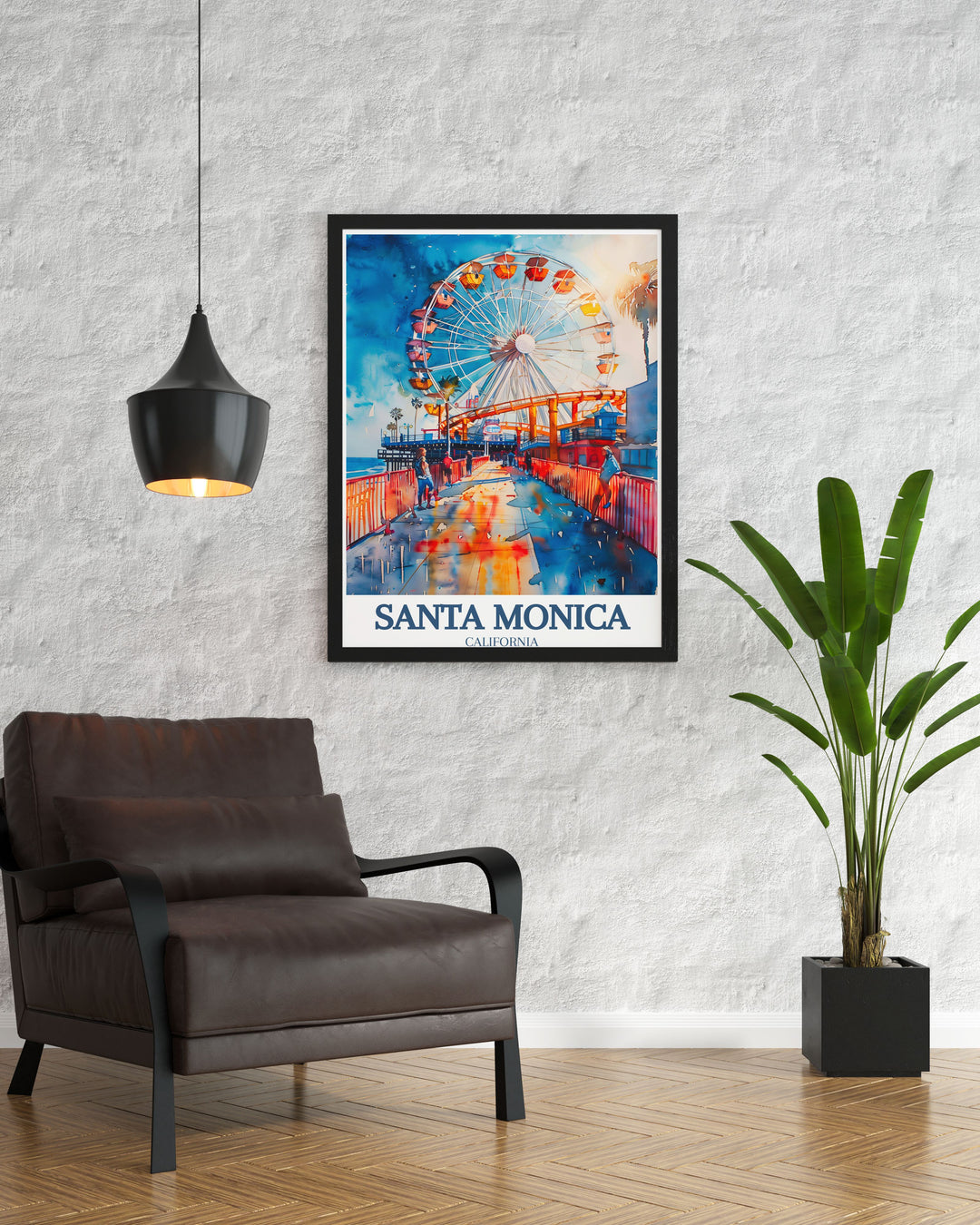 This stunning Santa Monica poster print features the iconic pier, complete with the Ferris wheel and vibrant Pacific Park. Perfect for beach lovers and travelers, it brings the energy of Californias coast into your home. The detailed design captures the spirit of the beach and adventure.