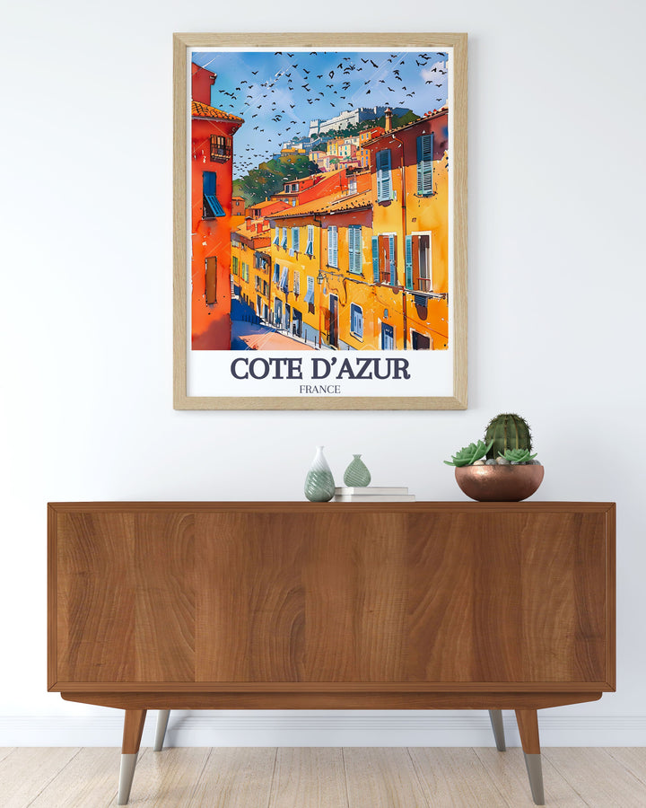 Experience the majestic views from Castle Hill with a detailed art print showcasing the panoramic vistas of Nice and the Mediterranean, perfect for adding a touch of the French Riviera to your decor.