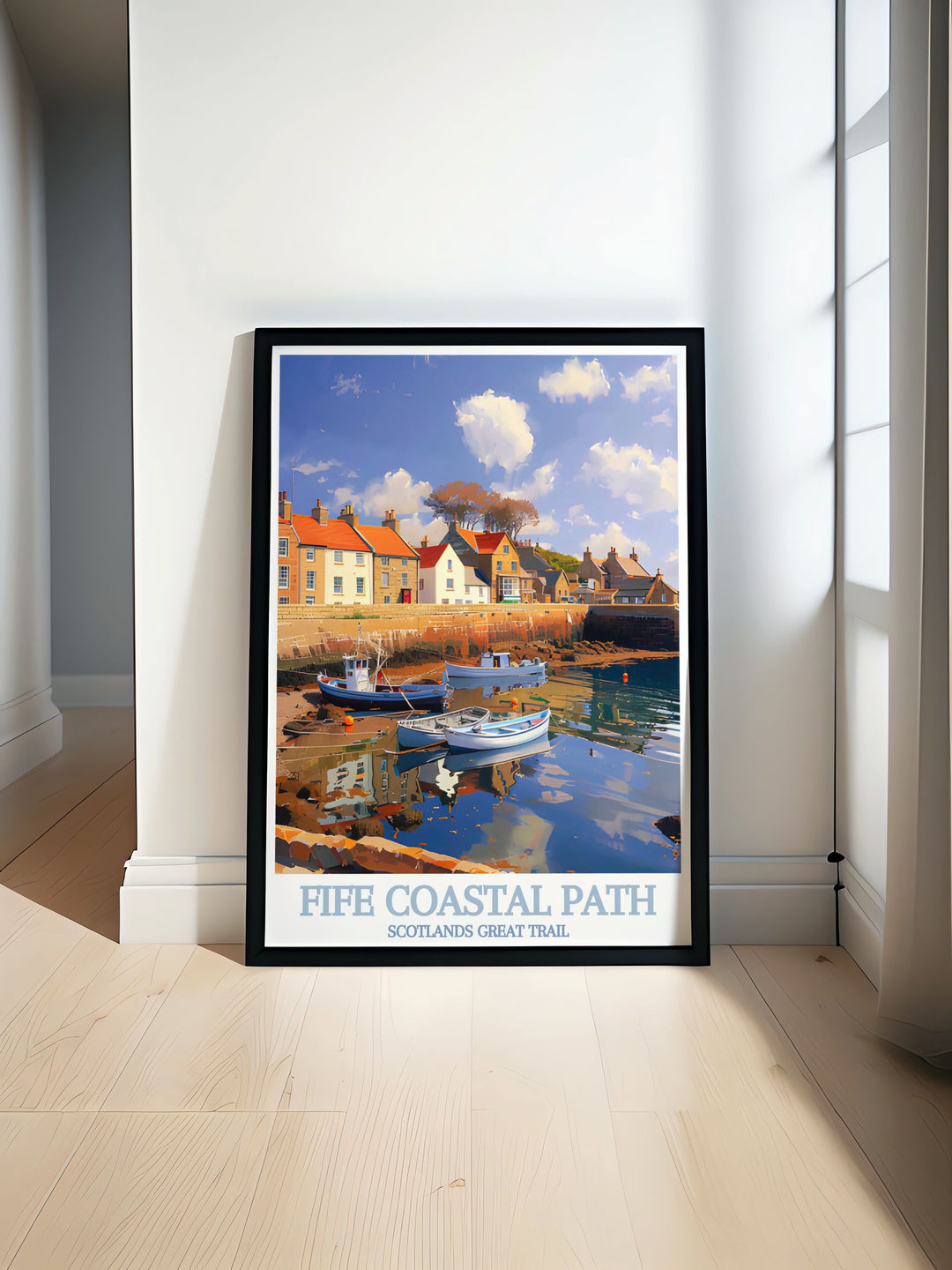 This Scotland travel poster features the stunning Fife Coastal Path and its picturesque surroundings, making it an ideal piece for those who love exploring Scotlands natural landscapes.