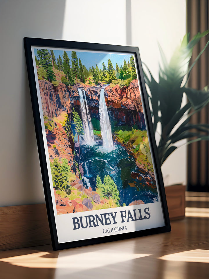 Bring the beauty of Burney Falls Pacific Crest Trail into your living space with this elegant art print ideal for adding a touch of nature and California decor to your home or office and a perfect gift for travel and nature lovers.