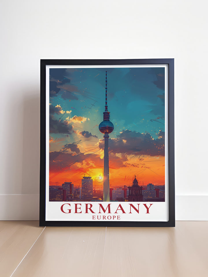 Celebrate the beauty of Berlin with this art print featuring the iconic Fernsehturm. Whether youre a fan of modern architecture or love the citys historic vibe, this Germany travel poster is a stunning addition to your decor.