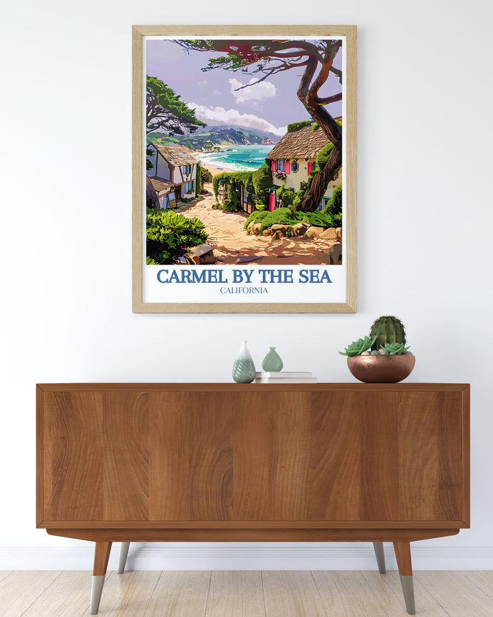 Experience the magic of Carmel by the Sea with this detailed travel poster, highlighting the whimsical FairyTale Cottages. Perfect for those who appreciate storybook architecture and artistic heritage, this artwork adds a touch of enchantment to your home decor.