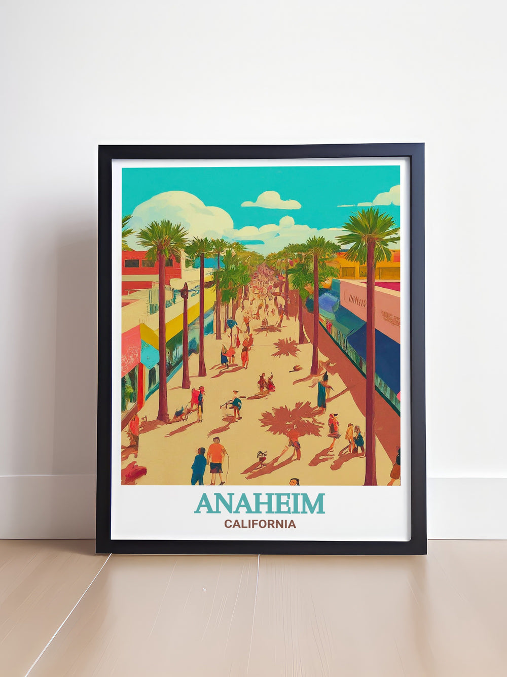 a framed poster of a beach scene with palm trees