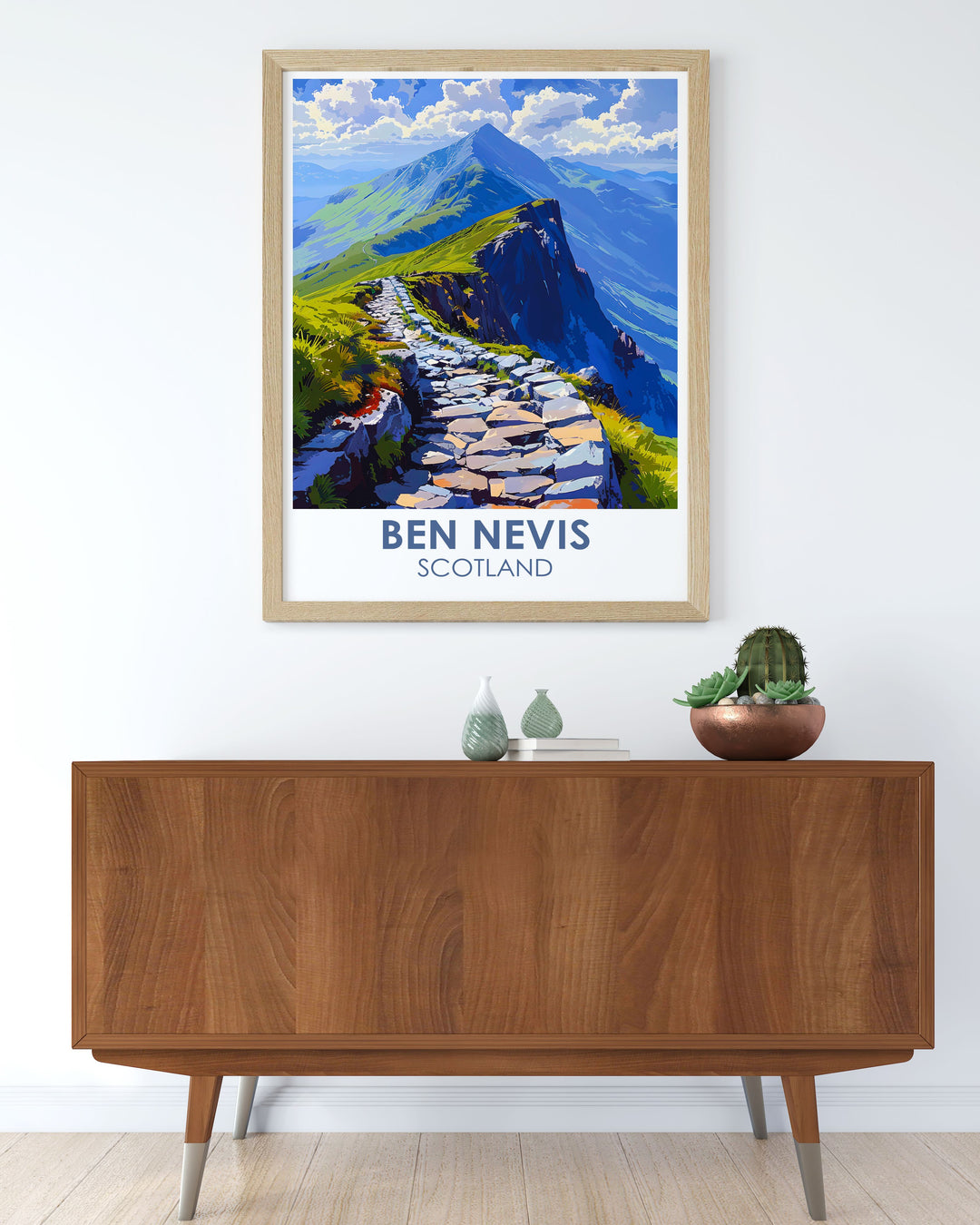 Retro Travel Poster of Carn Mor Dearg Arete bringing a vintage charm to your decor while showcasing the dramatic landscapes of this iconic Scottish ridge