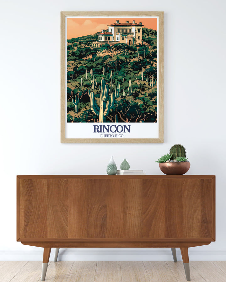 A vibrant Costa Rica travel poster showcasing Rincon de la Vieja, Castillo Serrallés, and the Guánica Dry Forest. This art print features detailed depictions of these iconic landmarks, bringing the best of Costa Ricas natural and historical beauty to any space.