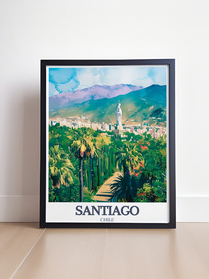 Cerro San Cristobal and the Statue of the Virgin Mary come to life in this elegant Santiago poster print A perfect piece of Spain wall decor that elevates your space and serves as an ideal gift for travelers and art enthusiasts