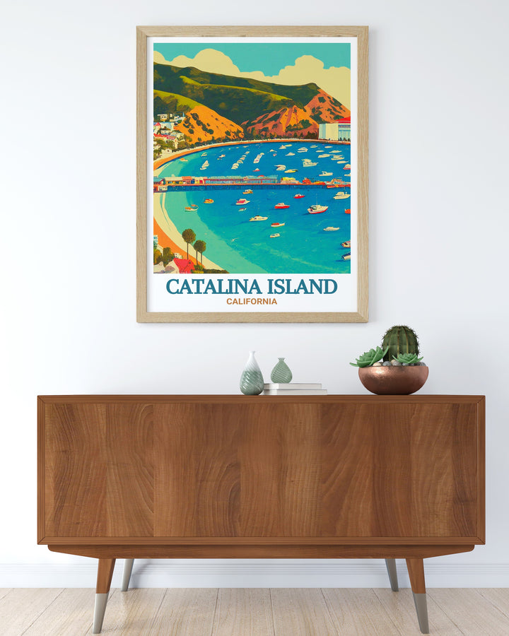 Enhance your home with this detailed art print of Catalina Island, featuring the picturesque Avalon Bay and the islands lush greenery. Ideal for anyone who loves Californias coastal beauty.