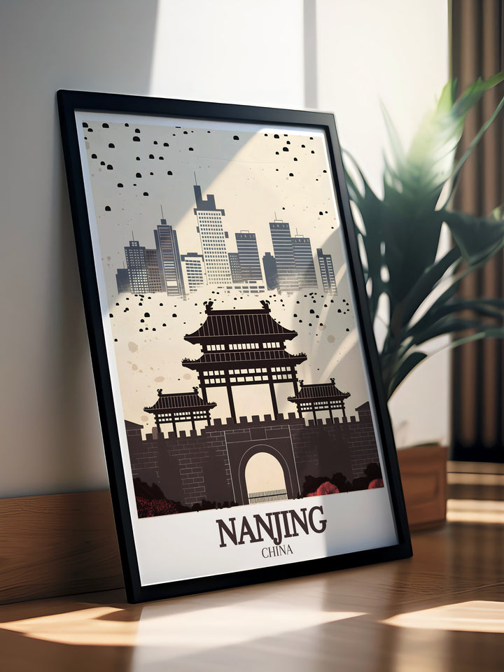 This Nanjing Art Print showcases the Zhonghua Gate, a relic of Nanjings ancient city walls, alongside the citys dynamic skyline. The artwork embodies the blend of historical and contemporary China, offering a captivating piece for anyone looking to add an element of culture and travel to their wall decor.