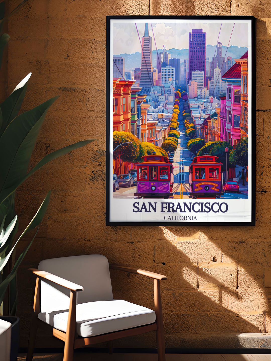 This modern artwork of San Franciscos Golden Gate Bridge and Taylor Street is a perfect representation of the Bay Areas vibrant atmosphere. The posters clean aesthetic fits beautifully into any contemporary decor.