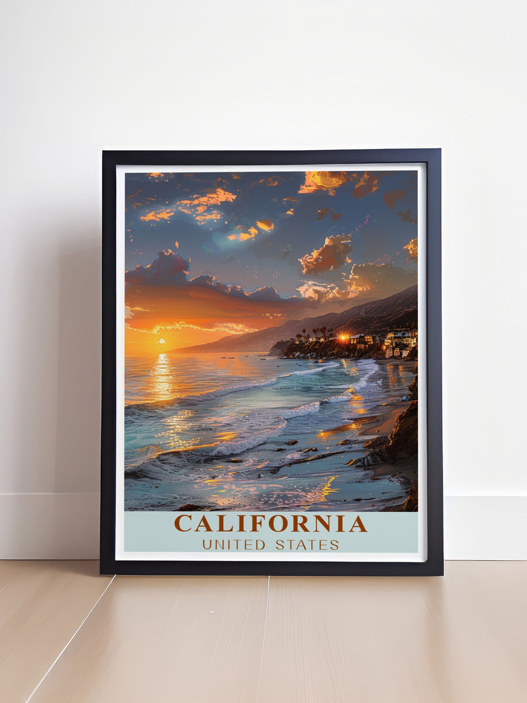 Stunning Malibu poster ideal for home decor and beach lovers showcases the tranquil shores and scenic views of Californias famous coastal destination a perfect addition to any art collection or wall display inspiring dreams of coastal living