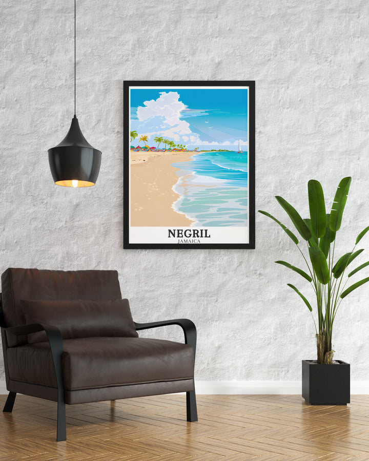 Caribbean Sea travel wall art showcasing the vibrant landscapes and crystal clear waters of Negril, including Seven Mile Beach and Norman Manley Blvd. These art pieces are a beautiful addition to home decor, offering a visual escape to the tranquil beauty of the Caribbean Sea. Ideal for nature lovers, these prints bring the charm of the Caribbean into your living space.