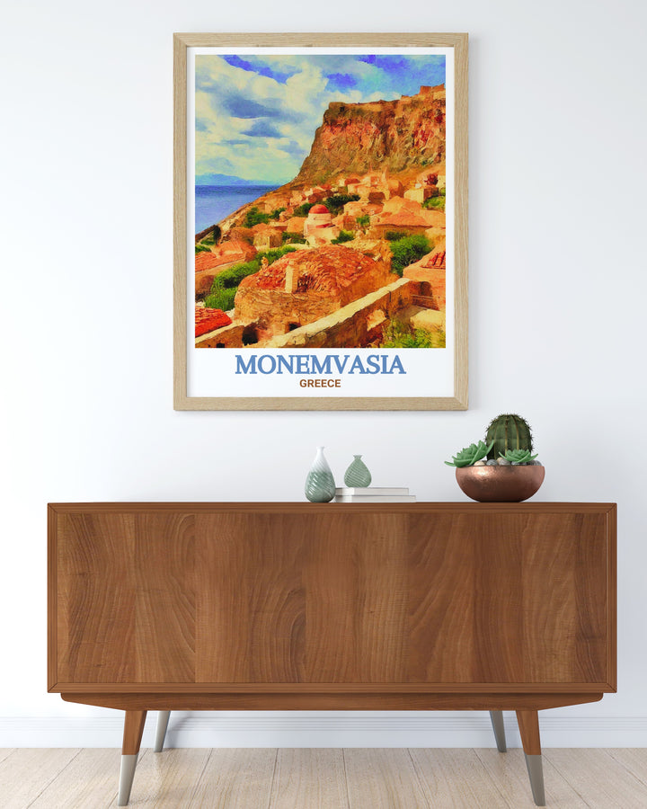 Greece Travel Poster capturing the timeless appeal of Monemvasias Lower Town, where history and natural beauty coexist. This poster is ideal for anyone who dreams of exploring Greeces rich cultural heritage and iconic landmarks.