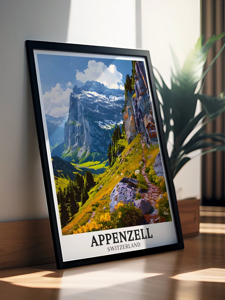 Aescher wall print capturing the charm of this Swiss guesthouse nestled into the cliffs of Ebenalp. The artwork offers a unique look into Swiss mountain culture and architecture.