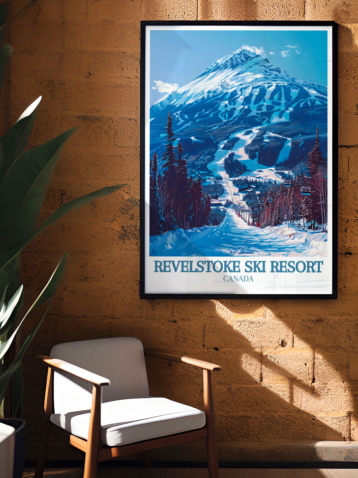 British Columbia Art featuring Mount Mackenzie and the Revelation Gondola cable car. This stunning piece of art captures the essence of Canadas natural beauty and is ideal for anyone who loves skiing and mountain landscapes.