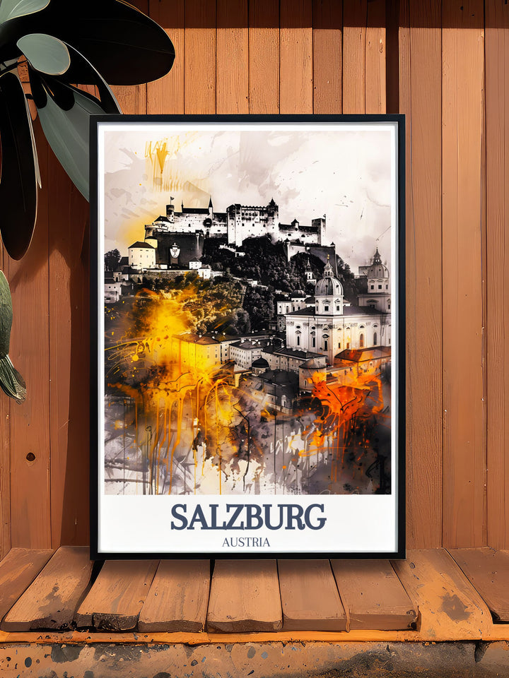 Elegant Salzburg art print featuring Hohensalzburg Fortress and Mirabell Palace. Ideal for Salzburg wall decor and fine line lovers, this Salzburg map design offers the perfect blend of history and modern style for your home or office.