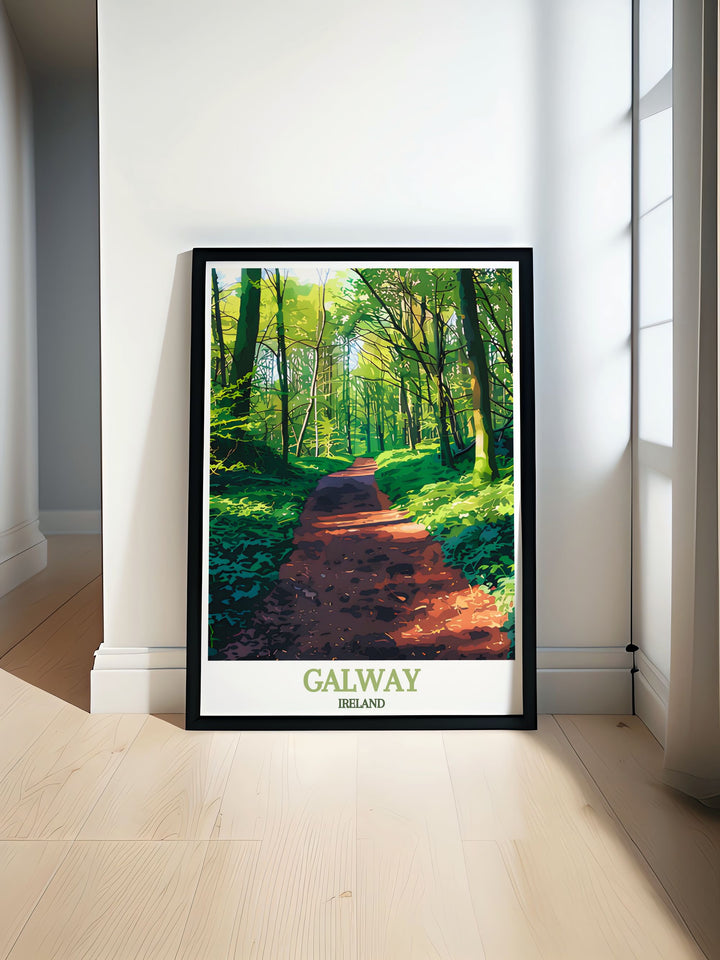 Add a touch of Ireland to your space with this Galway Print. Featuring both the lively streets of Galway and the quiet charm of Merlin Woods, the fine line design brings the beauty of the Emerald Isle into your home.