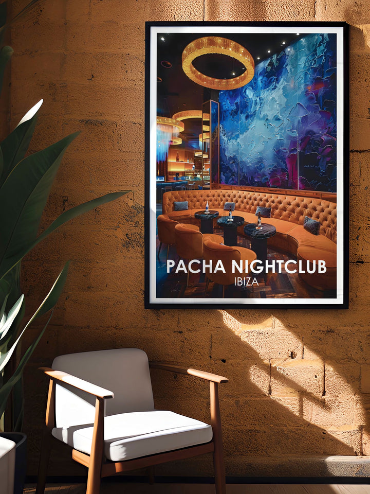 Vip Experience and Lounge stunning living room decor featuring dance music posters from Ibizas top nightclubs perfect for adding a sophisticated vibe to your home