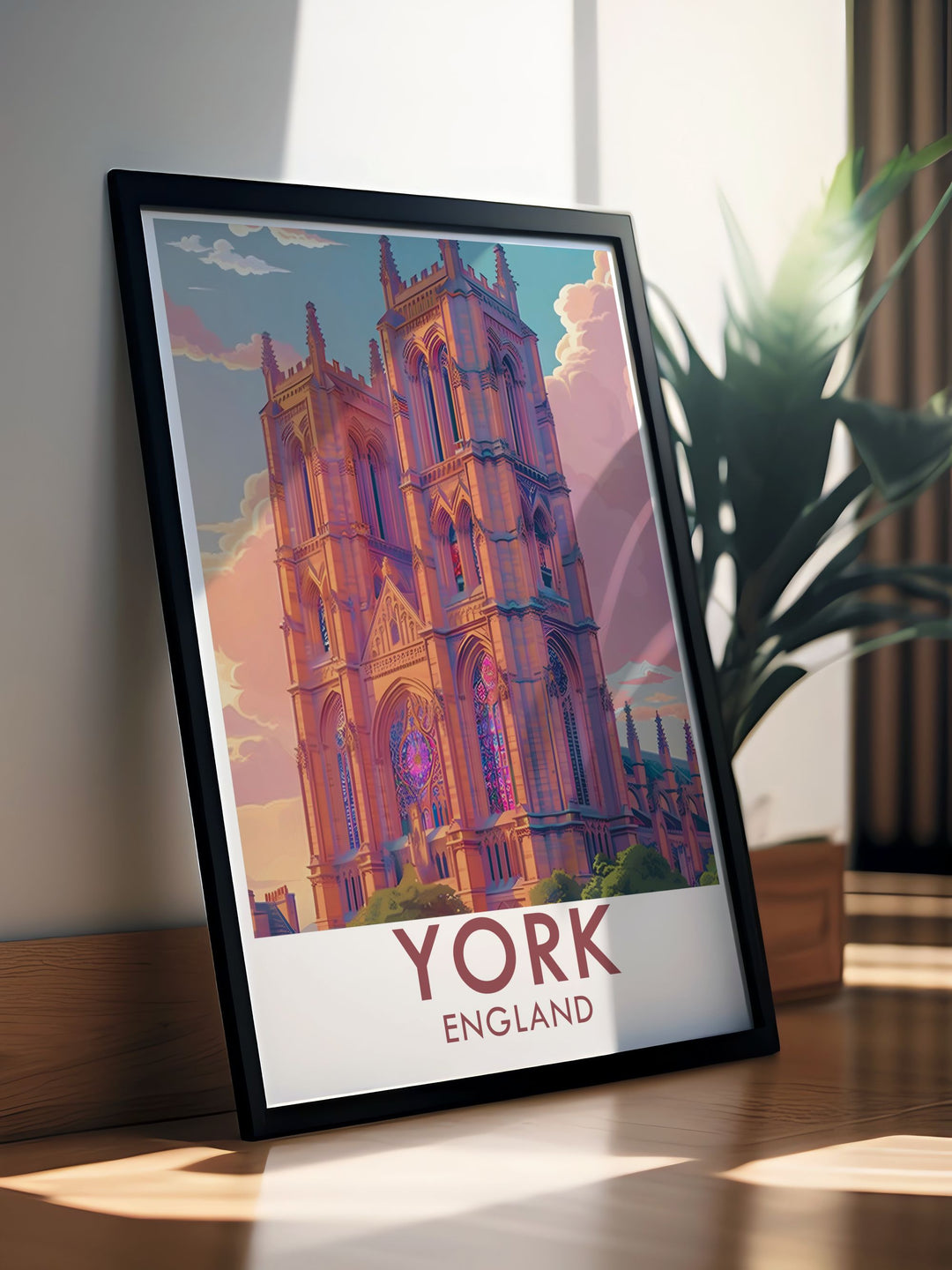 A York vintage poster that honors the magnificence of The York Minster while showcasing the citys unique cultural heritage. This travel print serves as a reminder of the incredible sights found in this historic location.