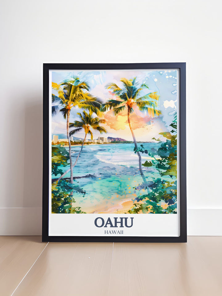 Experience the beauty of Hawaii with this stunning Oahu travel print featuring Diamond Head and Waikiki Beach. A perfect addition to any room, this poster adds a touch of tropical elegance to your home décor.