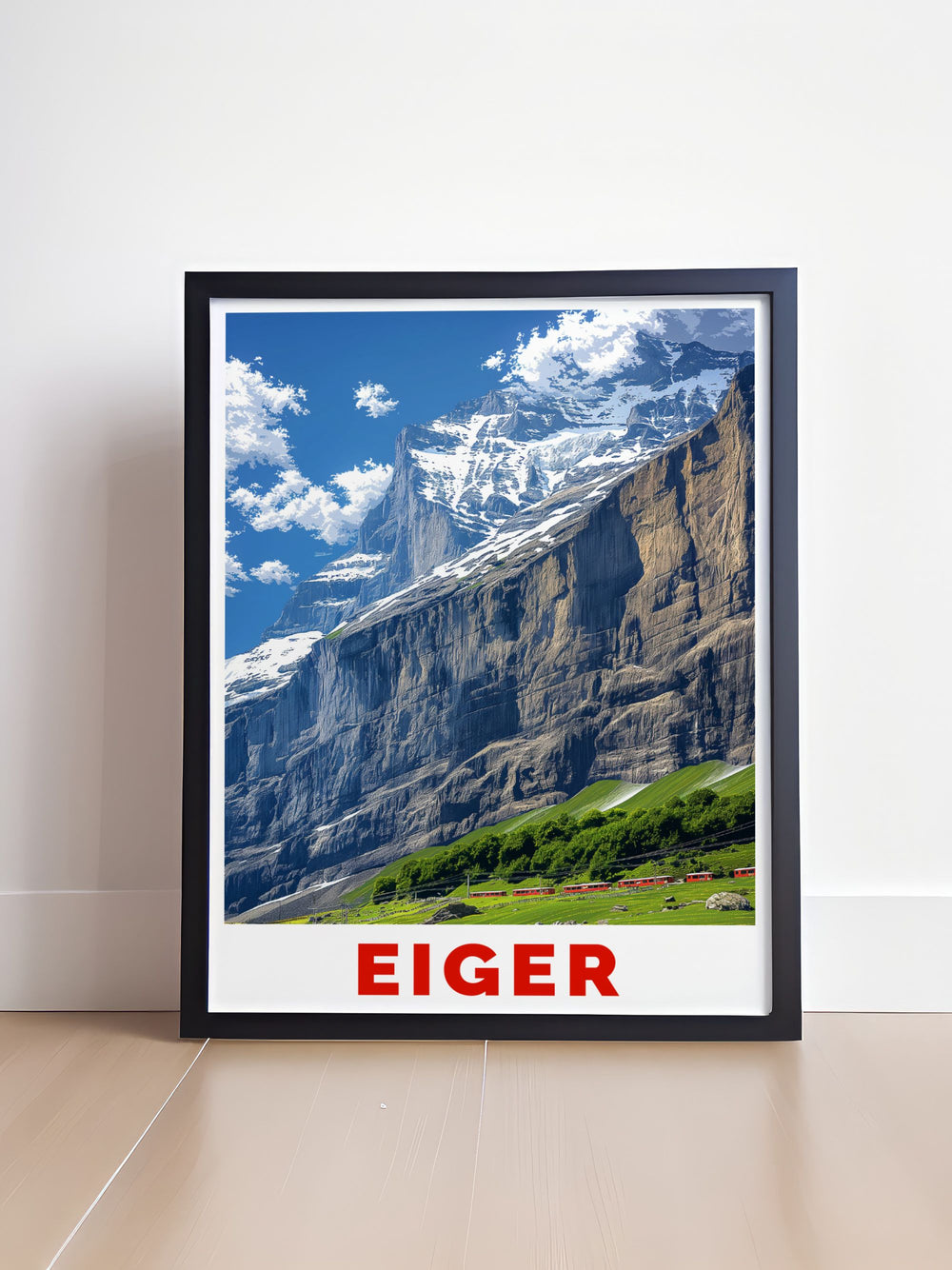 Captivating Lauterbrunnen poster featuring the picturesque waterfalls and lush green valley with the iconic Eiger mountain in the background perfect for nature lovers and anyone who appreciates the serene beauty of the Swiss Alps in their home decor.
