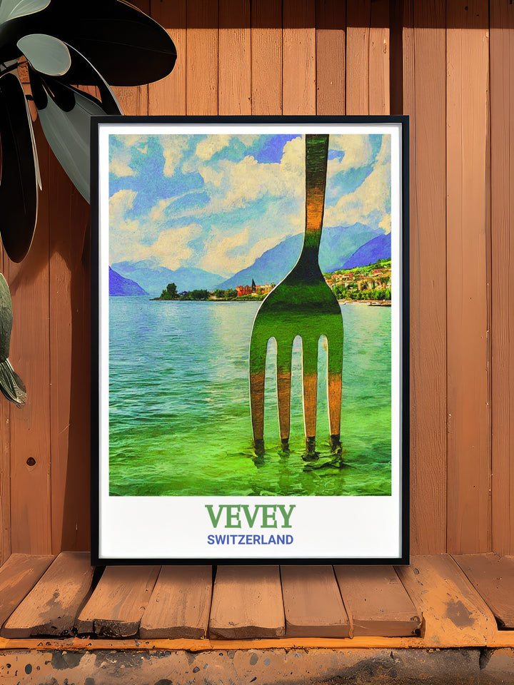 Fork of Vevey travel print featuring the iconic sculpture in Lake Geneva. This Switzerland artwork blends contemporary art with nature, making it an excellent choice for art lovers and those seeking unique home décor inspired by Switzerland.