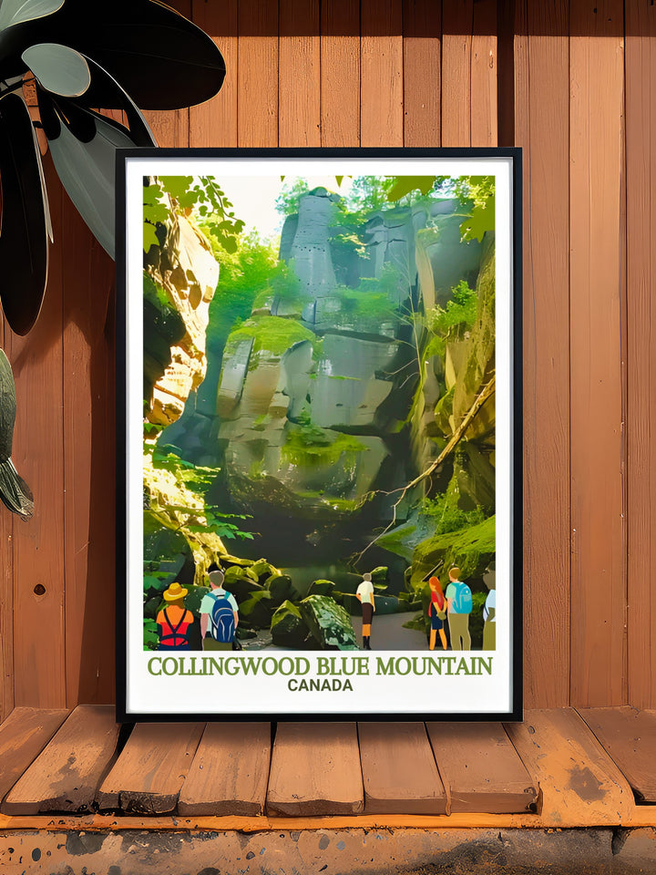 Collingwood Travel Print showcases the picturesque Blue Mountain alongside the dramatic landscapes of Scenic Caves Nature Adventures. This artwork is perfect for anyone who wants to bring a piece of Canadas stunning wilderness into their home decor.