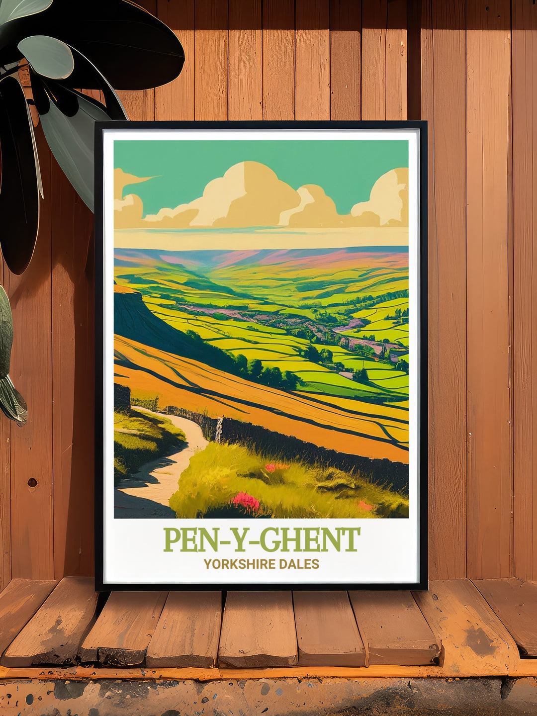 Yorkshire Dales travel poster showcasing the dramatic landscape of Pen Y Ghent and its summit. This print brings the charm of Yorkshires natural beauty into your space, perfect for decorating living rooms, offices, or bedrooms. An ideal gift for outdoor lovers.