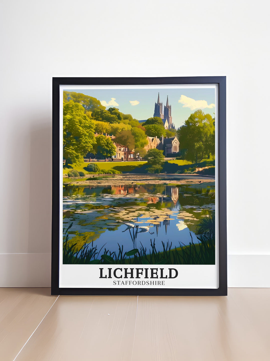 This Lichfield poster print beautifully captures the serene landscapes of Beacon Park and the peaceful waters of Minster Pool, with Lichfield Cathedral standing majestically in the background. Perfect for nature and history lovers, this travel print brings the charm of Staffordshire into your home.