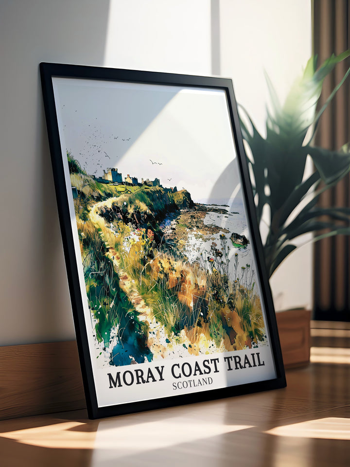 A beautifully detailed Burghead Castle Travel Poster showcasing the fortresss enduring presence overlooking the sea. This artwork provides a historical touch to any room, making it an excellent gift for lovers of Scottish history.