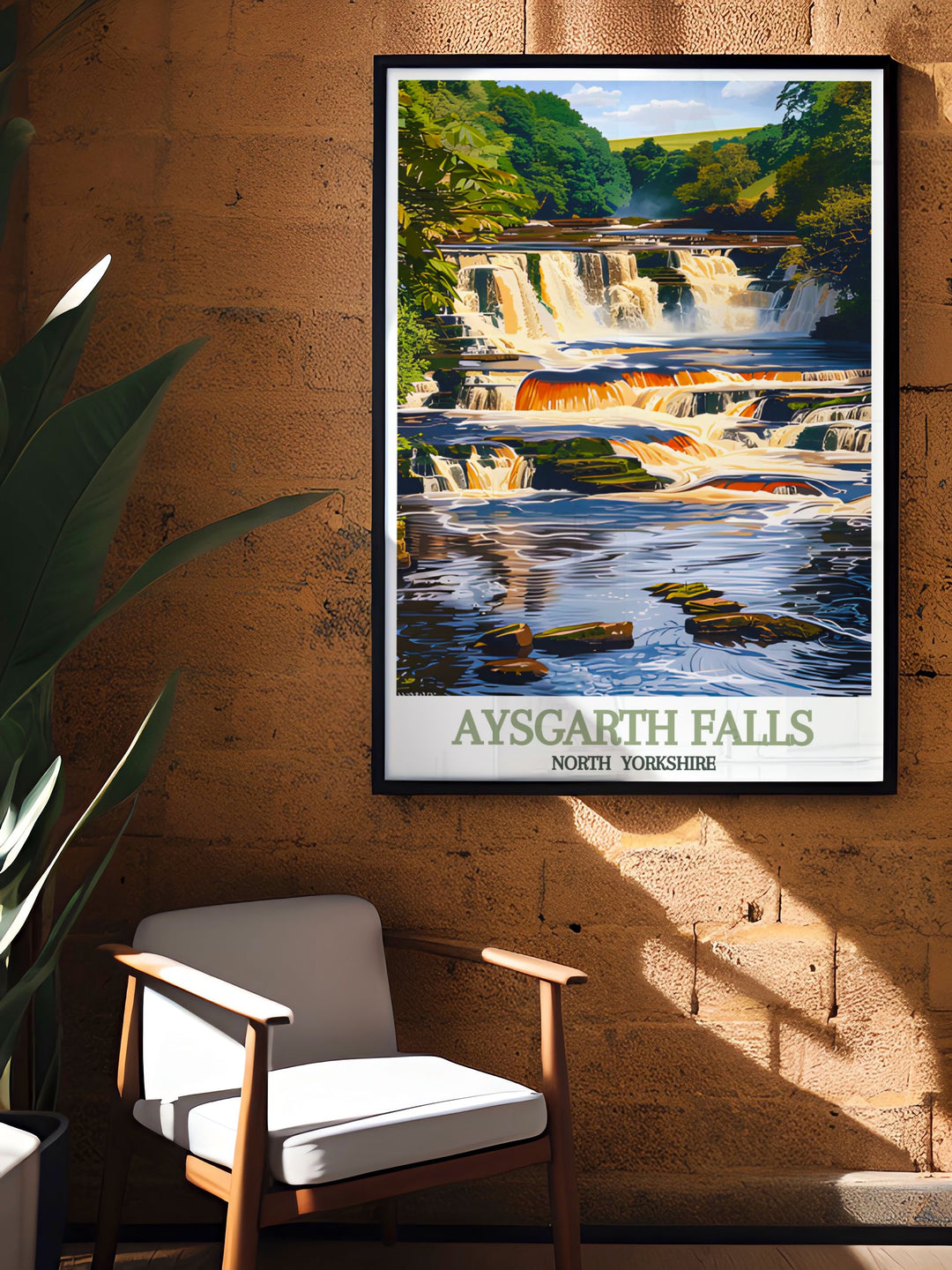 Framed print of Aysgarth Falls an exquisite representation of the Yorkshire Dales National Park ideal for enhancing home interiors with a touch of natural beauty this retro travel poster adds a classic and timeless element to your decor.