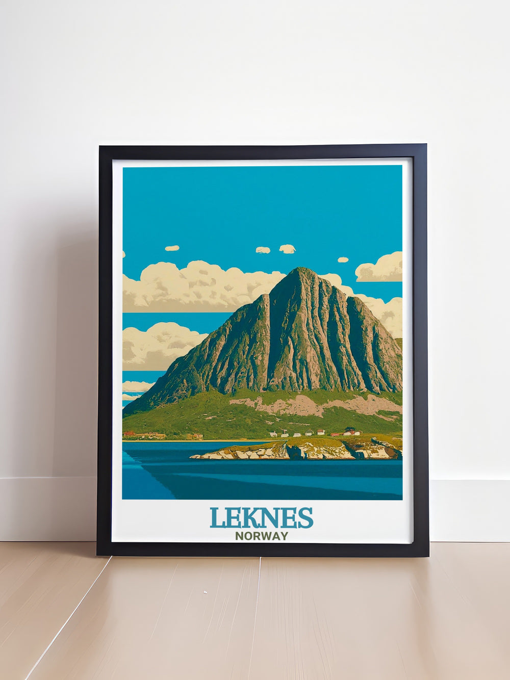 A beautiful representation of Leknes in this travel print, highlighting its unique fishing village character against the backdrop of Norways stunning mountain landscape. An ideal piece for those who love coastal scenery and Nordic culture.