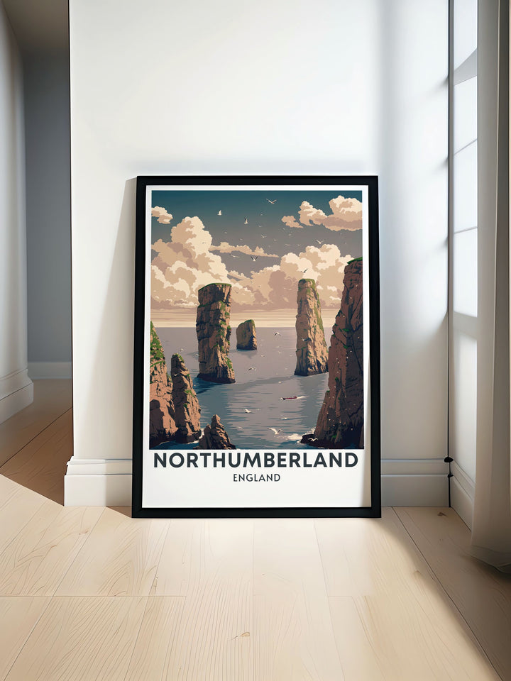 Vintage travel poster featuring the stunning Farne Islands on the Northumberland Coast. Perfect for adding a touch of natural charm to your home decor and ideal as a gift for nature enthusiasts and lovers of retro travel art.