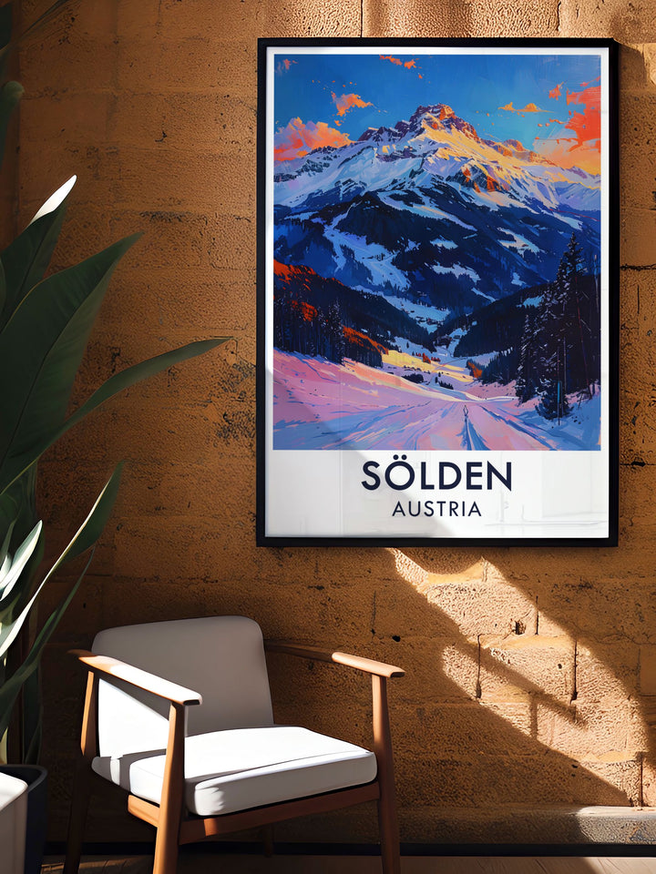 Explore the thrill of snowboarding in Solden, Austria, with this vibrant poster, capturing the excitement of the slopes and the breathtaking mountain views, perfect for winter sports enthusiasts and adventure lovers.
