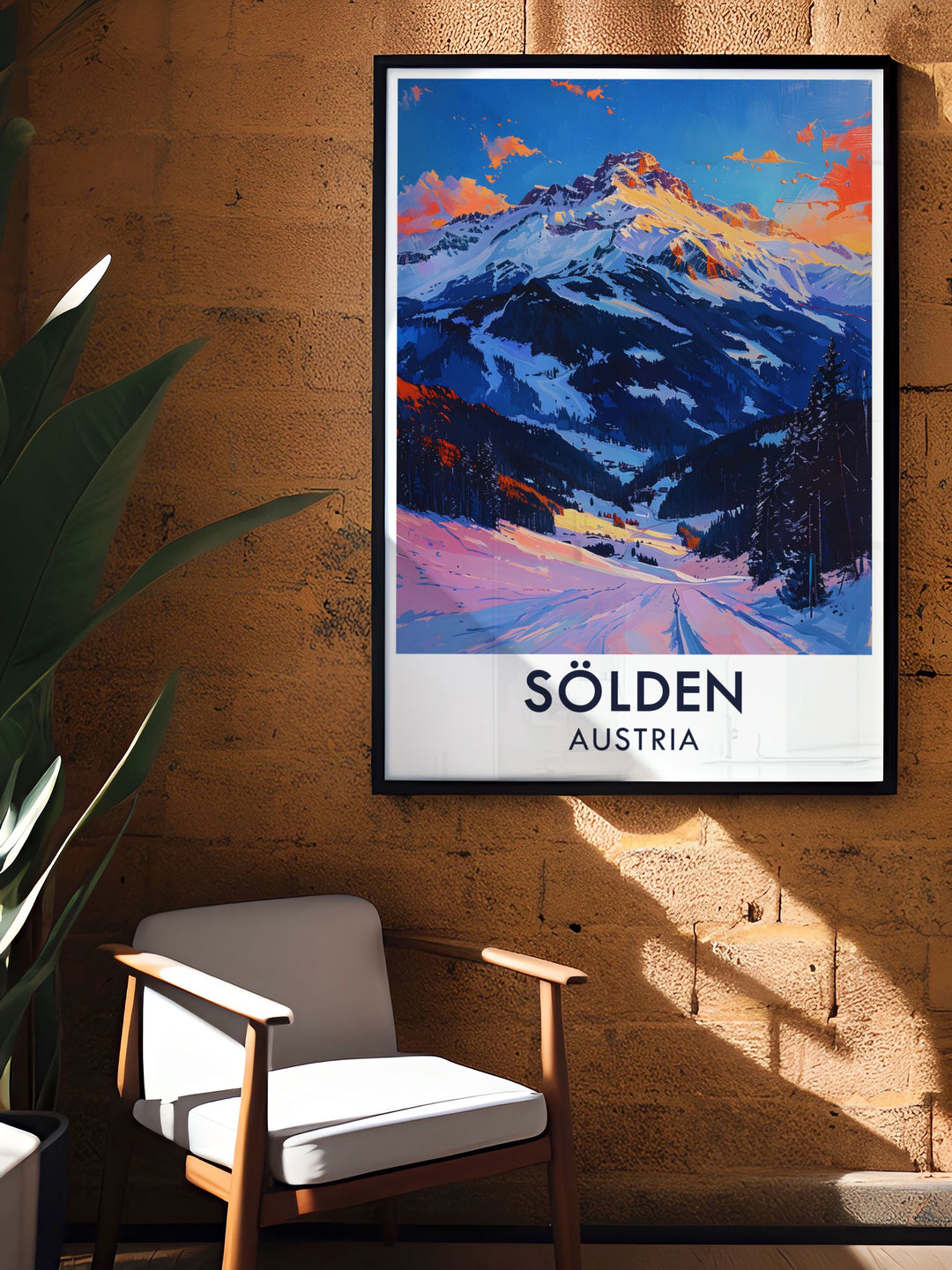 The beauty of Soldens slopes and the iconic Gaislachkogl Peak are captured in this stunning ski resort poster. Ideal for snowboarding enthusiasts, this artwork makes a great gift or addition to any home, celebrating the exhilarating sport of snowboarding in the Austrian Alps.