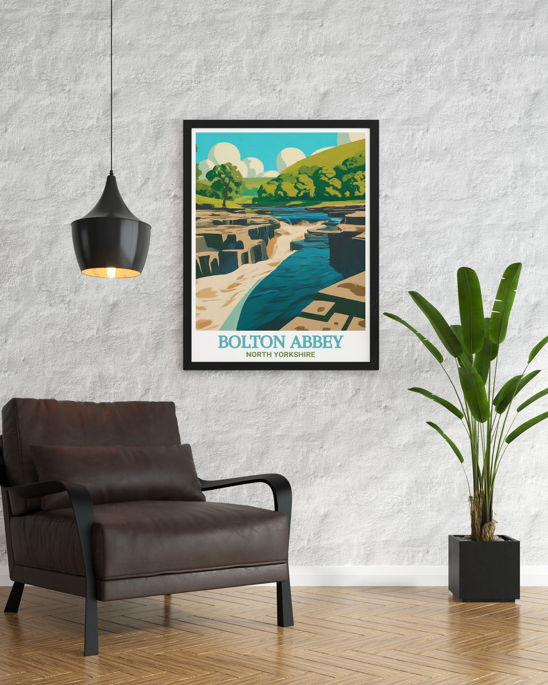 The Strid poster capturing the dramatic landscape of this iconic North Yorkshire location with swirling waters and vibrant nature an ideal choice for those who love the natural beauty of the Yorkshire Dales and wish to bring it into their living space.