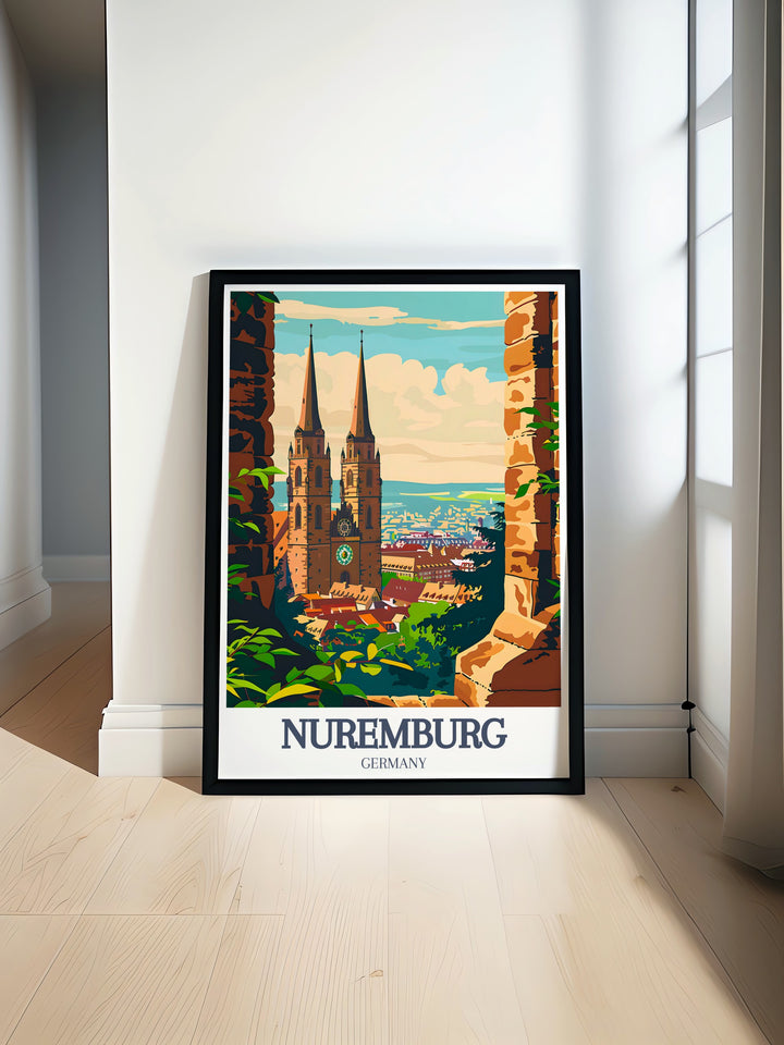 Germany travel poster capturing the elegance of St. Lorenz Church and the vibrant atmosphere of Nuremberg. This sleek and minimalist artwork celebrates the beauty of the citys landmarks, making it a perfect addition to your art collection or as a thoughtful gift for a loved one.