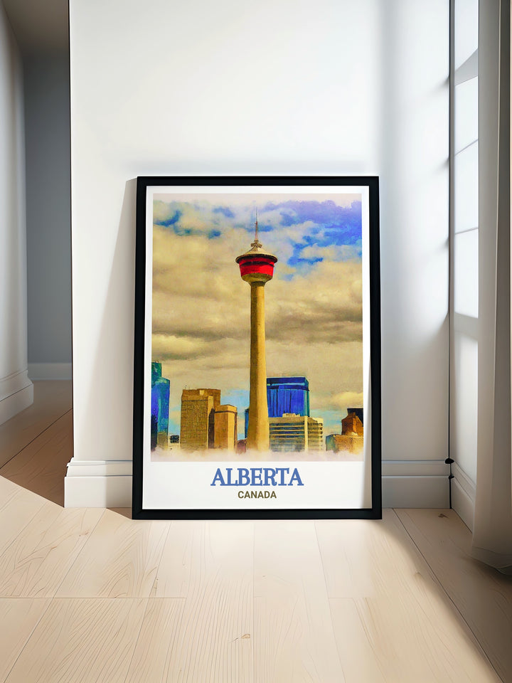 Calgary Tower print, capturing the essence of Alberta's premier city with vibrant colors and detailed artwork. This print brings the energy and beauty of Calgary into your home.