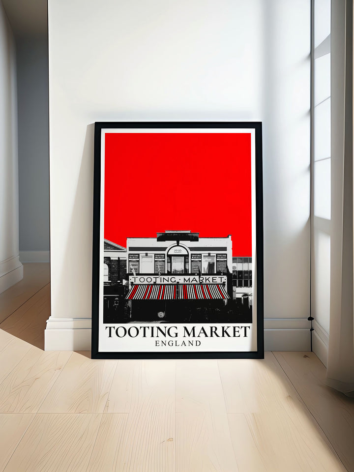 Tooting Market Print showcasing the vibrant energy of South Londons famous food market a perfect addition to your vintage travel collection and retro railway posters