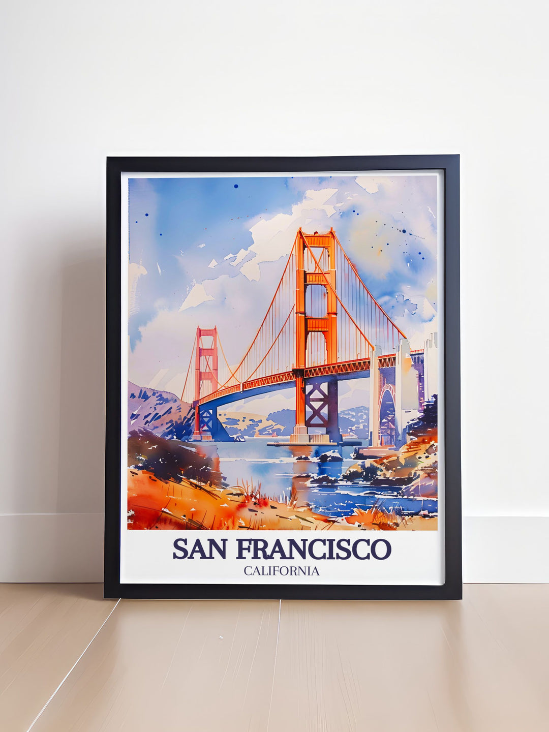 Showcasing the Golden Gate Bridge in all its glory, this travel poster combines the dynamic red arches of the bridge with the peaceful waters of the Bay Area, making it an ideal addition to any California inspired decor.