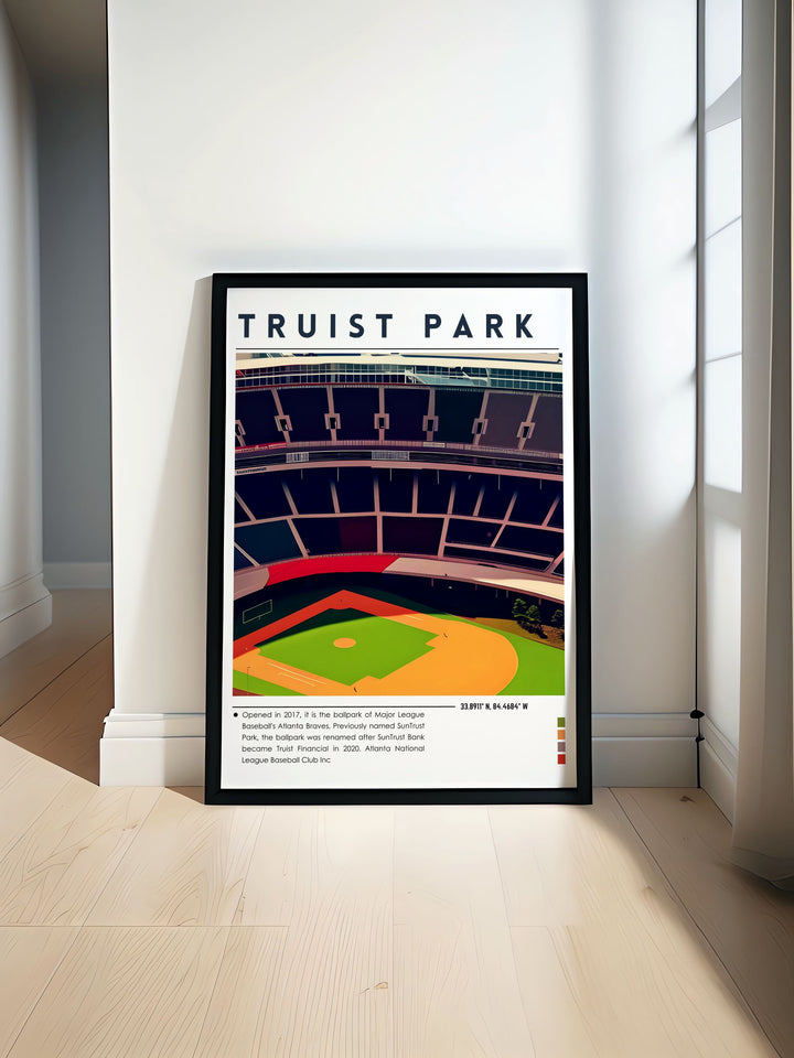 Hard Rock Stadium vintage poster showcasing the vibrant energy of live sports perfect for any enthusiast this travel poster print brings the excitement of unforgettable games into your home ideal for decorating any room with sports themed decor including Truist Park elements