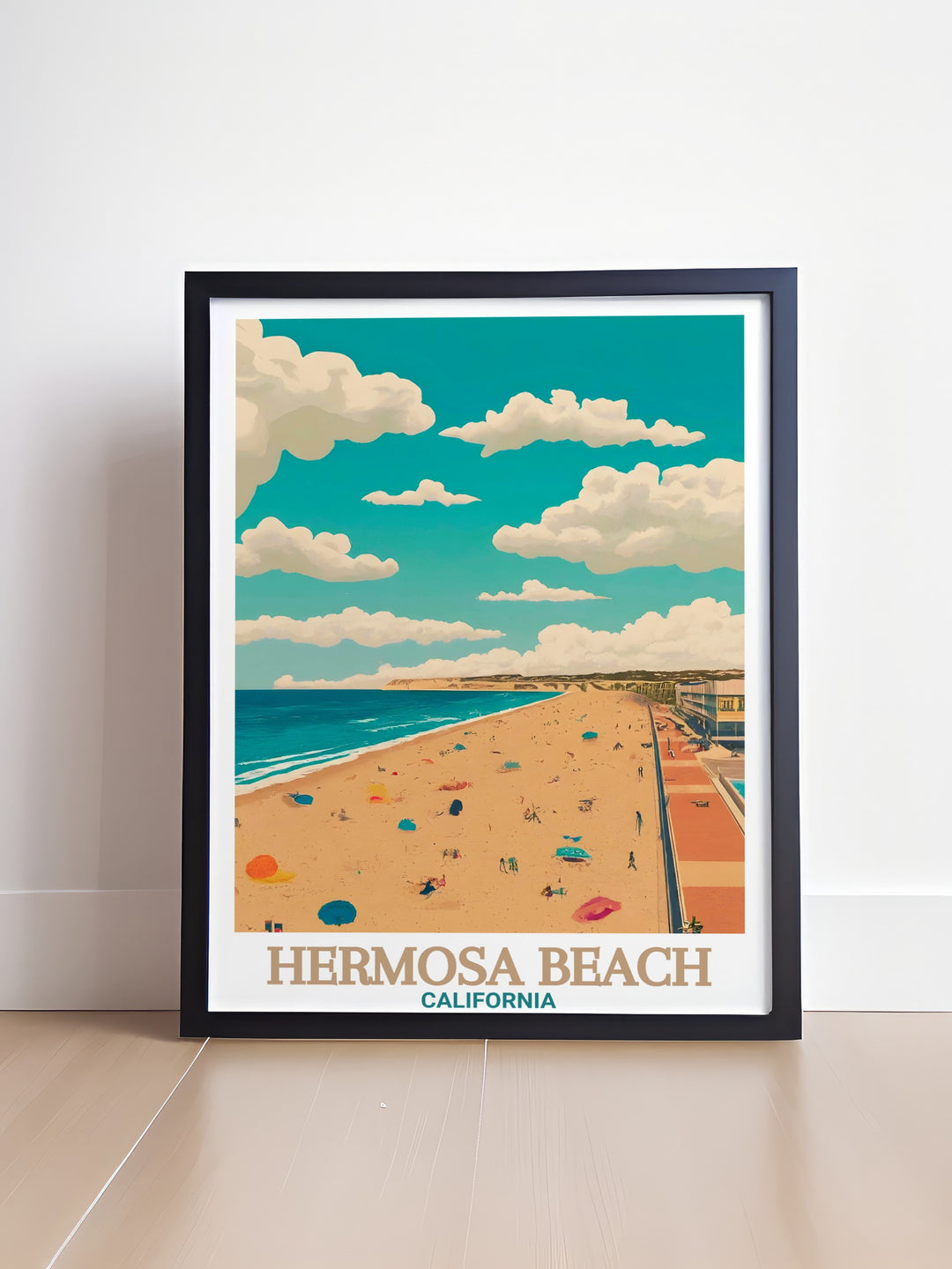 The Strand at Hermosa Beach, featured in this beautiful travel print. With stunning ocean views and a colorful beachside boardwalk, this artwork brings the essence of Californias beach life into your home, making it perfect for beach lovers.