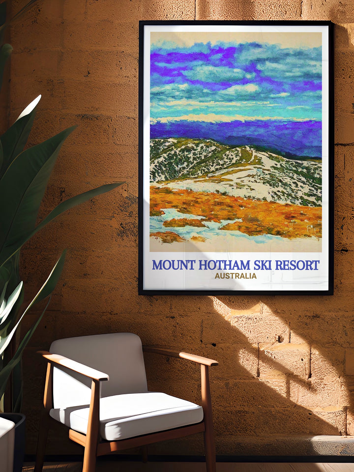 This Mount Hotham Summit travel print features a crisp design of the iconic Mount Hotham Ski Resort, making it an ideal choice for outdoor lovers. The artwork showcases the serene alpine village and the snow covered peaks, making it perfect for both home and office spaces.