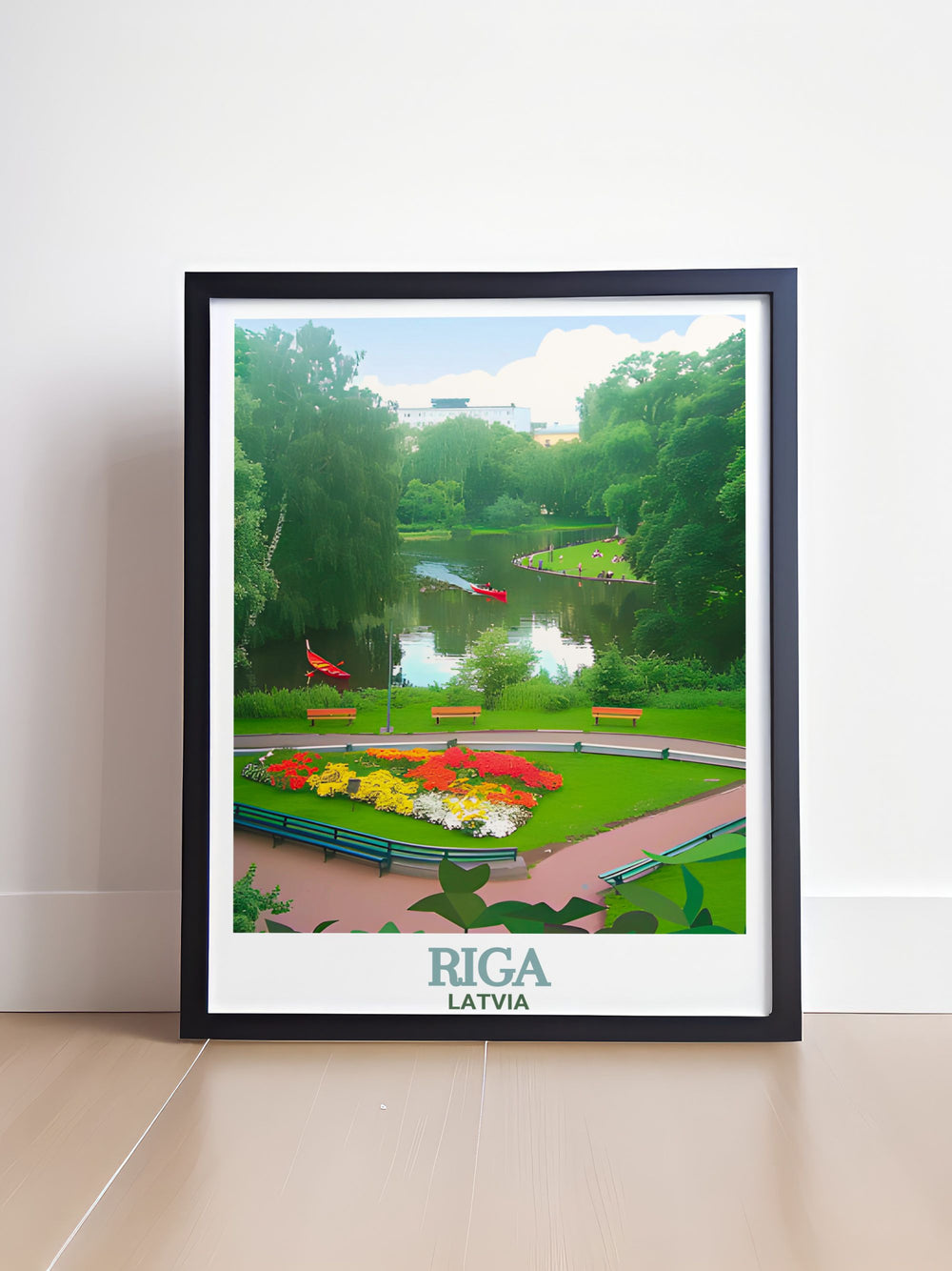 Riga framed art featuring Bastejkalna Park, a popular destination in Latvias capital city. This print perfectly captures the peaceful charm of the park, ideal for anyone looking to bring a piece of Riga into their home.