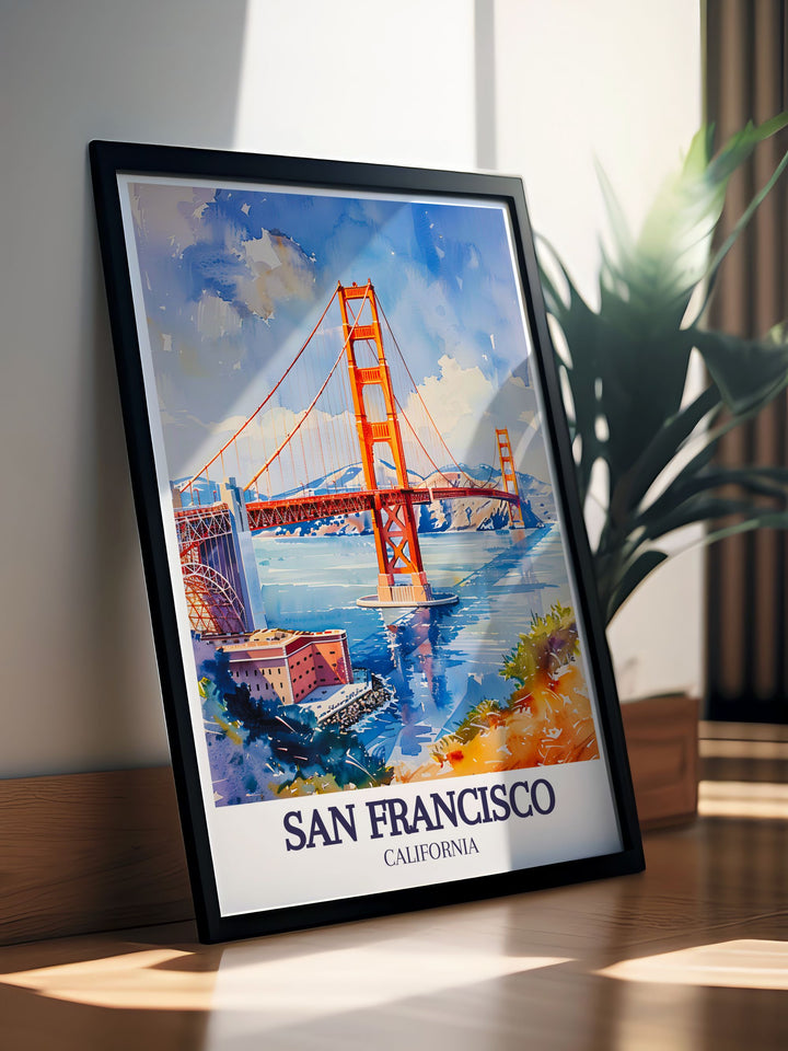 Celebrate San Franciscos architectural heritage with this Golden Gate Travel Poster. The art print shows the bridges vivid red color and the sprawling Bay Area, offering a unique view of one of the worlds most recognizable landmarks.